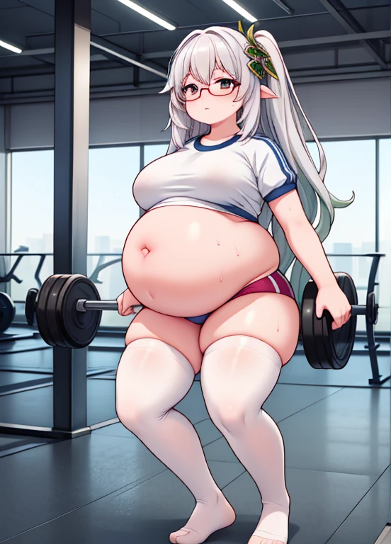 (masterpiece, best quality, highly detailed), 1girls, big belly, huge belly, art by kipteitei, round belly, chubby, curvy, belly grab, enormous belly, fat bell thicc, bigger belly, really big belly, jiggly belly, (pregnant), ((very tired, exhausted)), gym clothes, thighhighs, sweaty feets, glasses, ((full body))