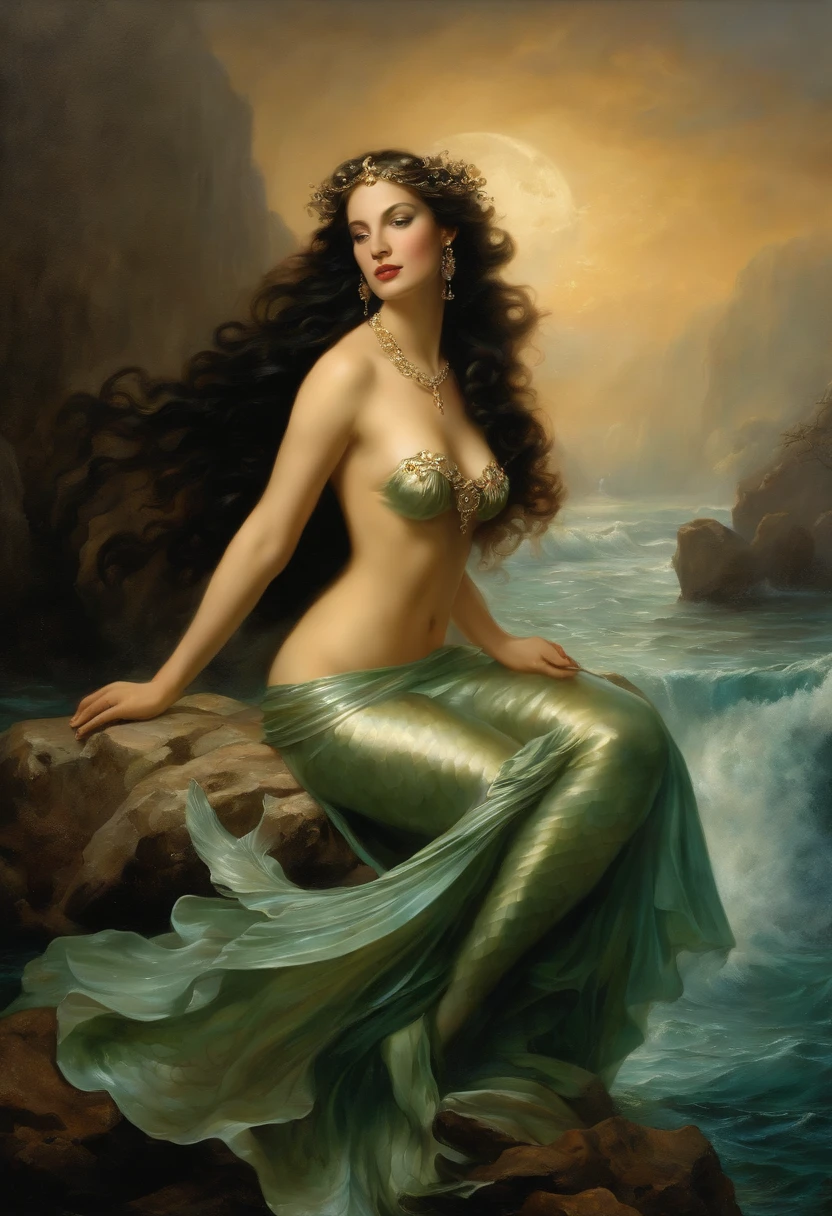 ((baroque painting A beautiful mermaid sitting on a rock at the bottom of the sea)), ((mermaid tail)), sexy and sensual, Seductive love goddess, Lúthien, goddess art, Goddess of Greek mythology, Moon Goddess, Goddess of love and peace, beautiful goddess, Goddess of the waters, An impressive portrait of a Goddess of the sea, in the background sea vegetation, Frank Kelly Freas, Karol Bak Style, ((a beautiful baroque painting, beautiful)), Ultra definition, best quality, 32k ultra, Ultra HD