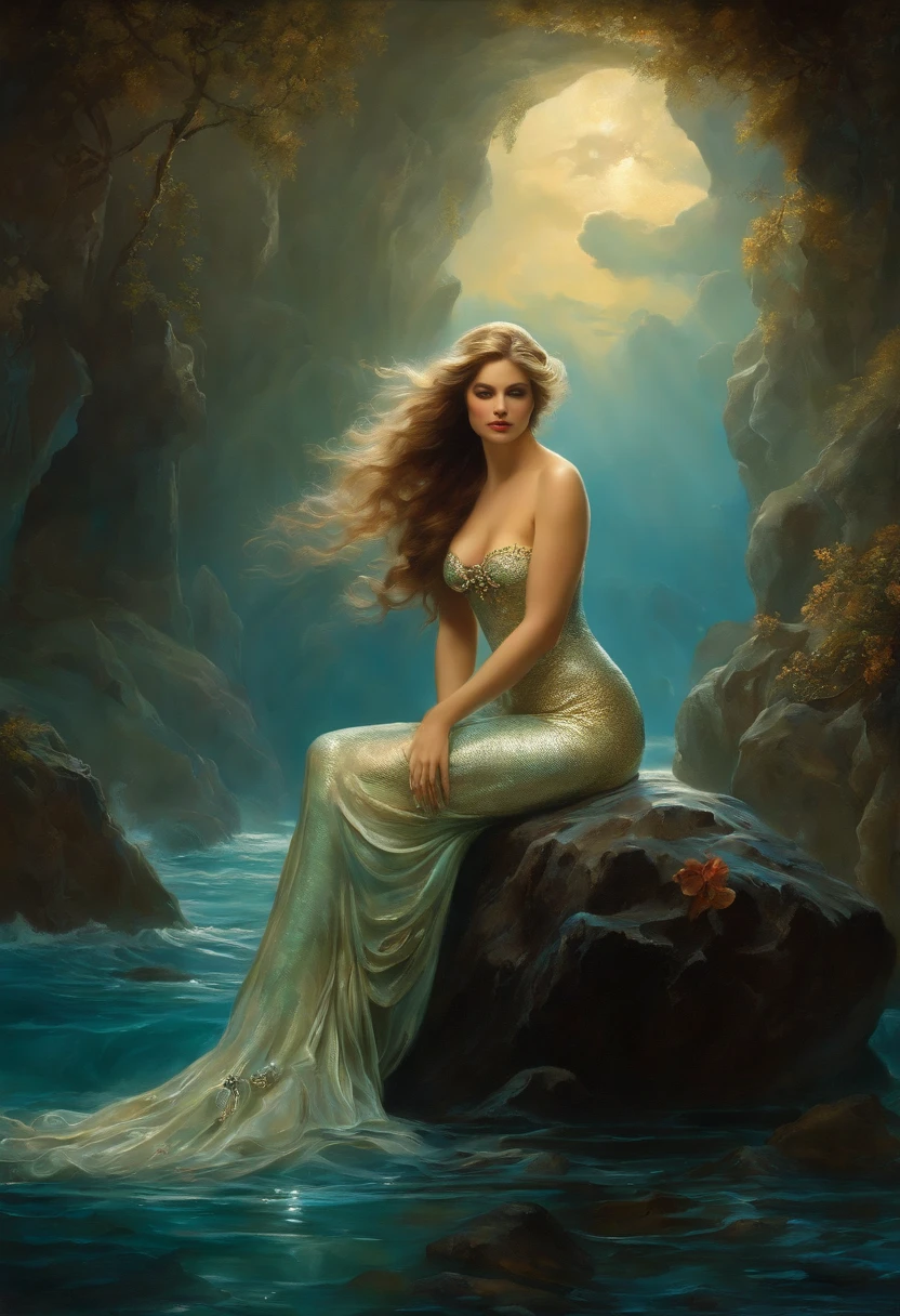 ((baroque painting A beautiful mermaid sitting on a rock at the bottom of the sea)), ((mermaid tail)), sexy and sensual, Seductive love goddess, Lúthien, goddess art, Goddess of Greek mythology, Moon Goddess, Goddess of love and peace, beautiful goddess, Goddess of the waters, An impressive portrait of a Goddess of the sea, in the background sea vegetation, Frank Kelly Freas, Karol Bak Style, ((a beautiful baroque painting, beautiful)), Ultra definition, best quality, 32k ultra, Ultra HD