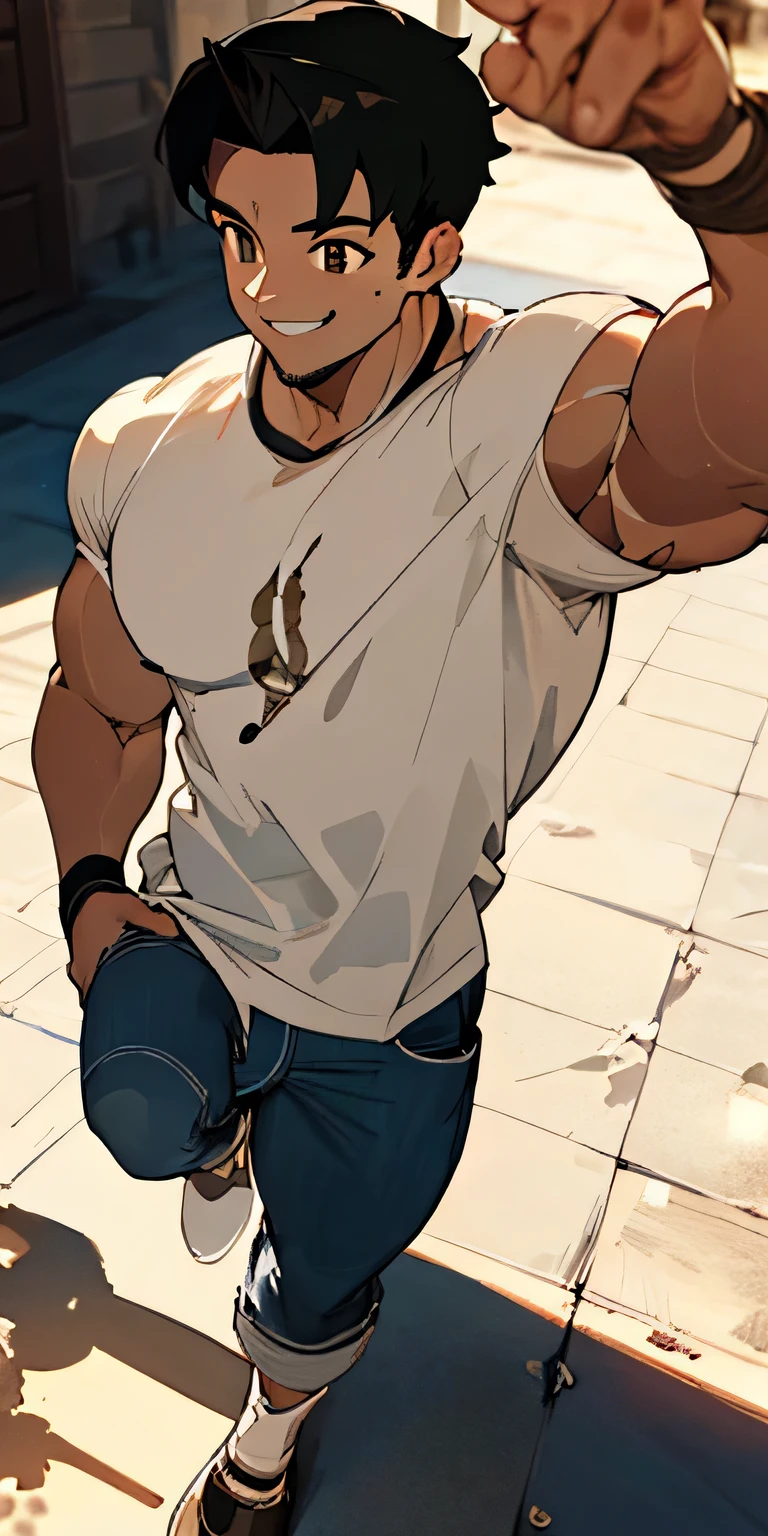 ((Retina)), masterpiece, anatomically correct, textured skin, super detail, high detail, high quality, best quality, highres, 4K, (Detailed Lights, Detailed Shadows), 1 man, ), Extremely Detailed Clothes, Detailed Skin,"In his 20s", "black pupils","black hair","t-shirt","white t shirt","jeans", man, brown skin, smiling, muscular , muscular legs