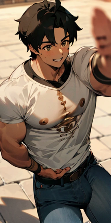 ((Retina)), masterpiece, anatomically correct, textured skin, super detail, high detail, high quality, best quality, highres, 4K, (Detailed Lights, Detailed Shadows), 1 man, ), Extremely Detailed Clothes, Detailed Skin,"In his 20s", "black pupils","black hair","t-shirt","white t shirt","jeans", man, brown skin, smiling, muscular