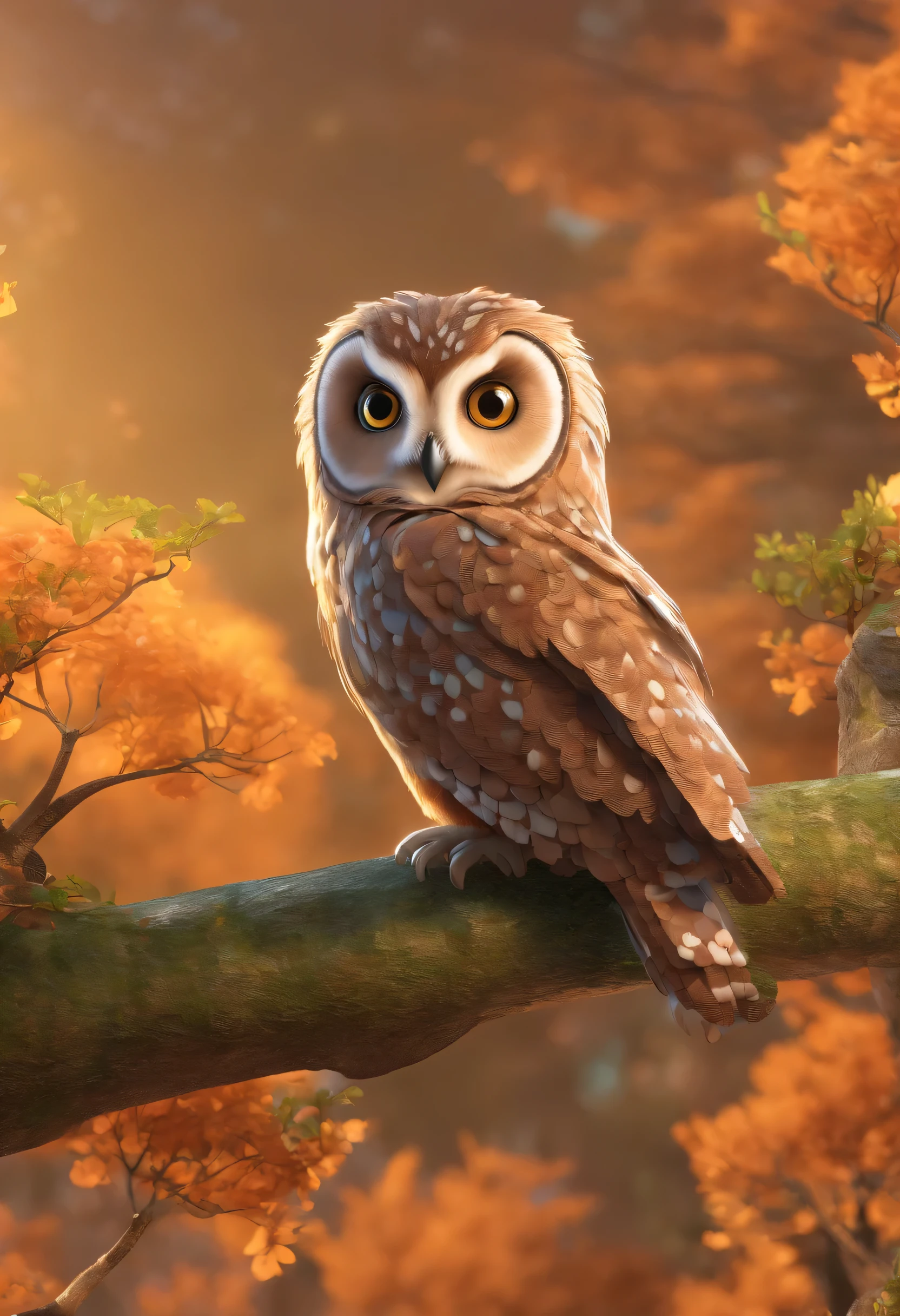 Imagem de uma coruja estilizada, inspired by the 3D animation style characteristic of studios like Disney Pixar. The owl must have a friendly and charismatic expression. Ela deve ter grandes olhos expressivos, penas suaves e da cor marrom. O fundo deve ser uma paisagem vibrante e alegre, maybe a green field with trees and a clear blue sky. A coruja deve estar pousada em um galho, with a setting that conveys energy and enthusiasm.