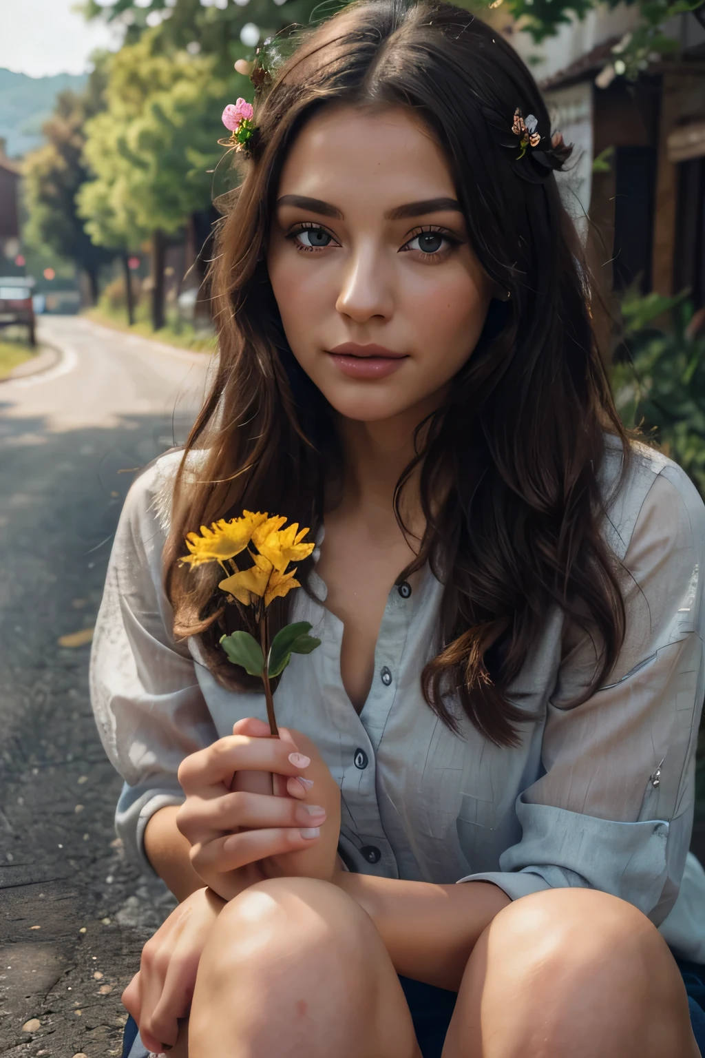 a woman sitting on a road, holding a flower, detailed hands, beautiful detailed eyes, beautiful detailed lips, extremely detailed eyes and face, long eyelashes, photorealistic, 8k, high quality, natural lighting, vibrant colors, serene landscape, cinematic composition, dramatic lighting