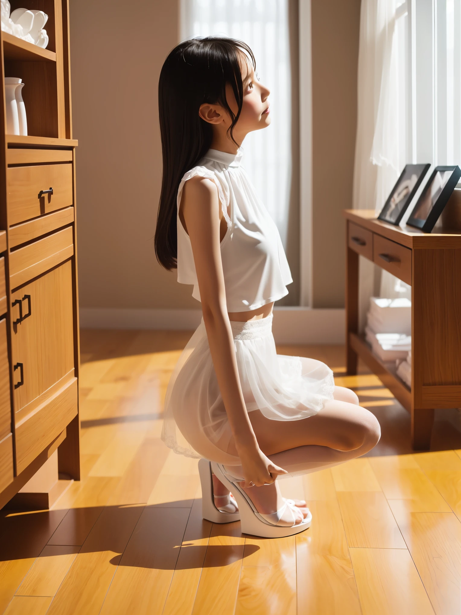 ((Full body:1.2,Voyeur from the side:1.2,from a distance:1.2)),1 Japanese girl,(kneeling),(arms behind back),blushing and embarrassed face,slut,See-through white blouse,See-through white flare skirt,white choker,See-through white Panty,white high heels,slim body shape,from below,realistic,best quality,ultra-detailed,high resolution,beautiful white skin,looking at another,flooring room