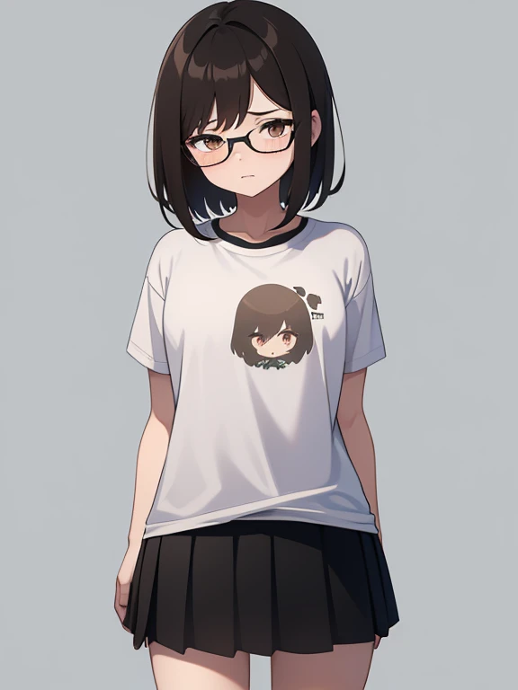 1 Girl, One, Brown eyes, glasses with lenses, (Detailed eyes), плоская грудь с крупными standingчими сосками, short hair, shaggy brown hair, ahoge, ((White T-shirt)), plain t-shirt, black skirt(absolutely no panties), black socks, standing, whole body, (White background), transparent background, looking down, ((masterpiece, illustration, Best quality)) 