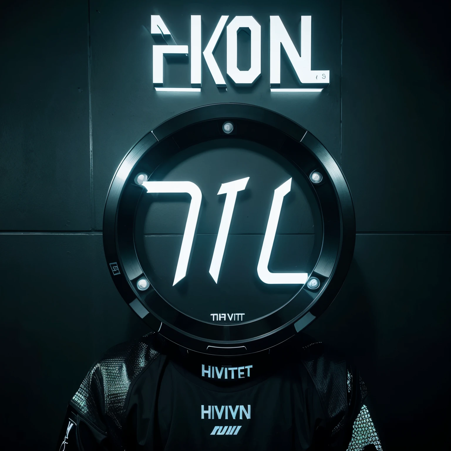 Kpop group logo that says “HVNTERS” with futuristic and minimalist metal typography, con fondo negro plano 