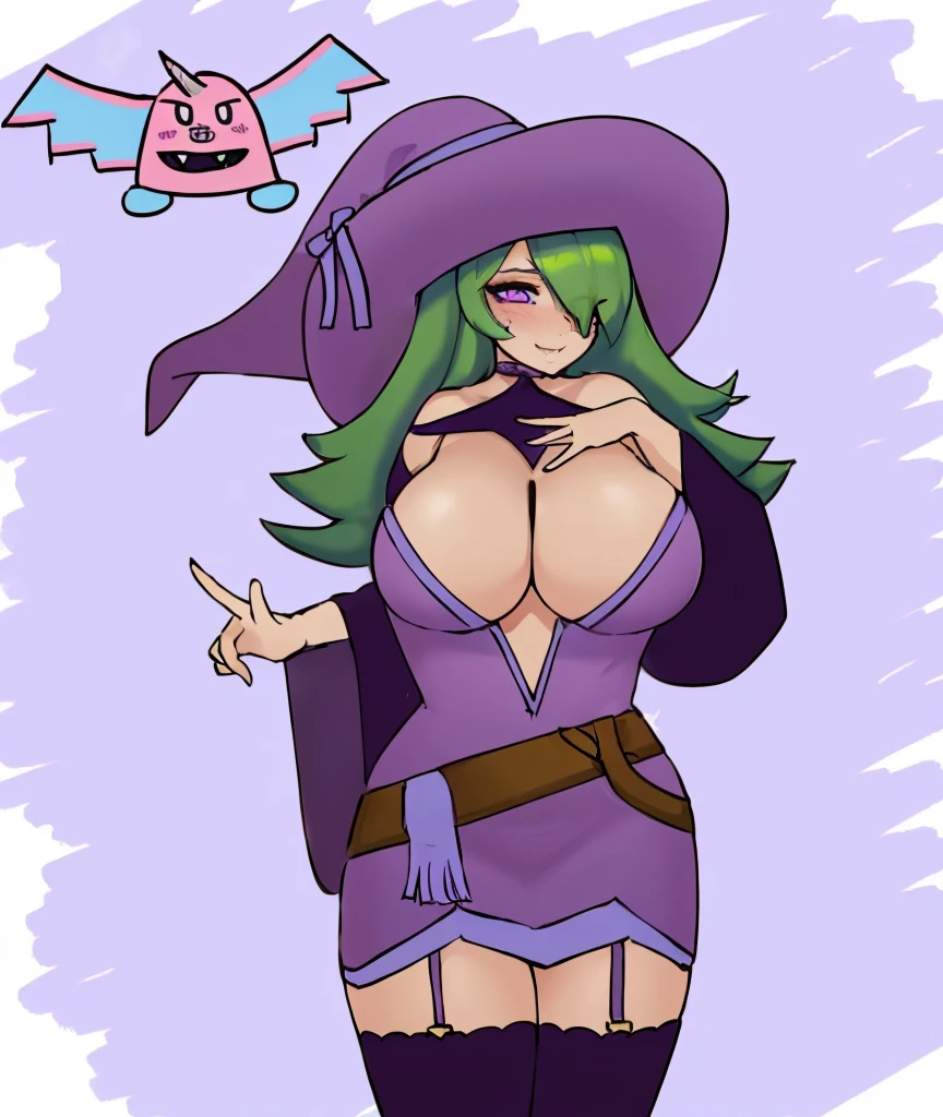 ((art by Kipteitei)), ((Masterpiece, best quality, perfect lighting, amazing shading)), perfect anatomy, field of depth, extremely beautiful, detailed face, ultra cute face, cute, long green hair, purple witches robes, purple stockings and garters, belt, seductive smile, happy expression, (cleavage), blushing, candy bat, detailed background, (((sfw)))
