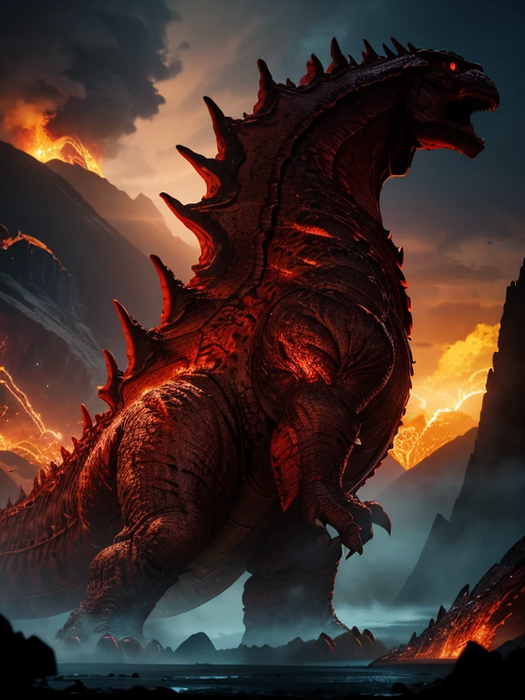 a red plate scaled giant dinosaur monster with lava veins between the scales, yellow energy veins, big mouth dinosaur, big claws in arms, big large dinosaur tail, horns and spikes in head and back, volcano background, dramatic lighting, epic fantasy, dramatic colors, dramatic composition, dramatic atmosphere, fantasy art