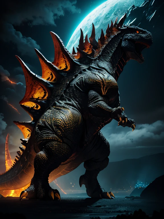 a black scaled giant dinosaur monster with lava veins between the scales, yellow energy veins, big mouth dinosaur, big claws in arms, big large dinosaur tail, horns and spikes in head and back, volcano background, dramatic lighting, epic fantasy, dramatic colors, dramatic composition, dramatic atmosphere, fantasy art