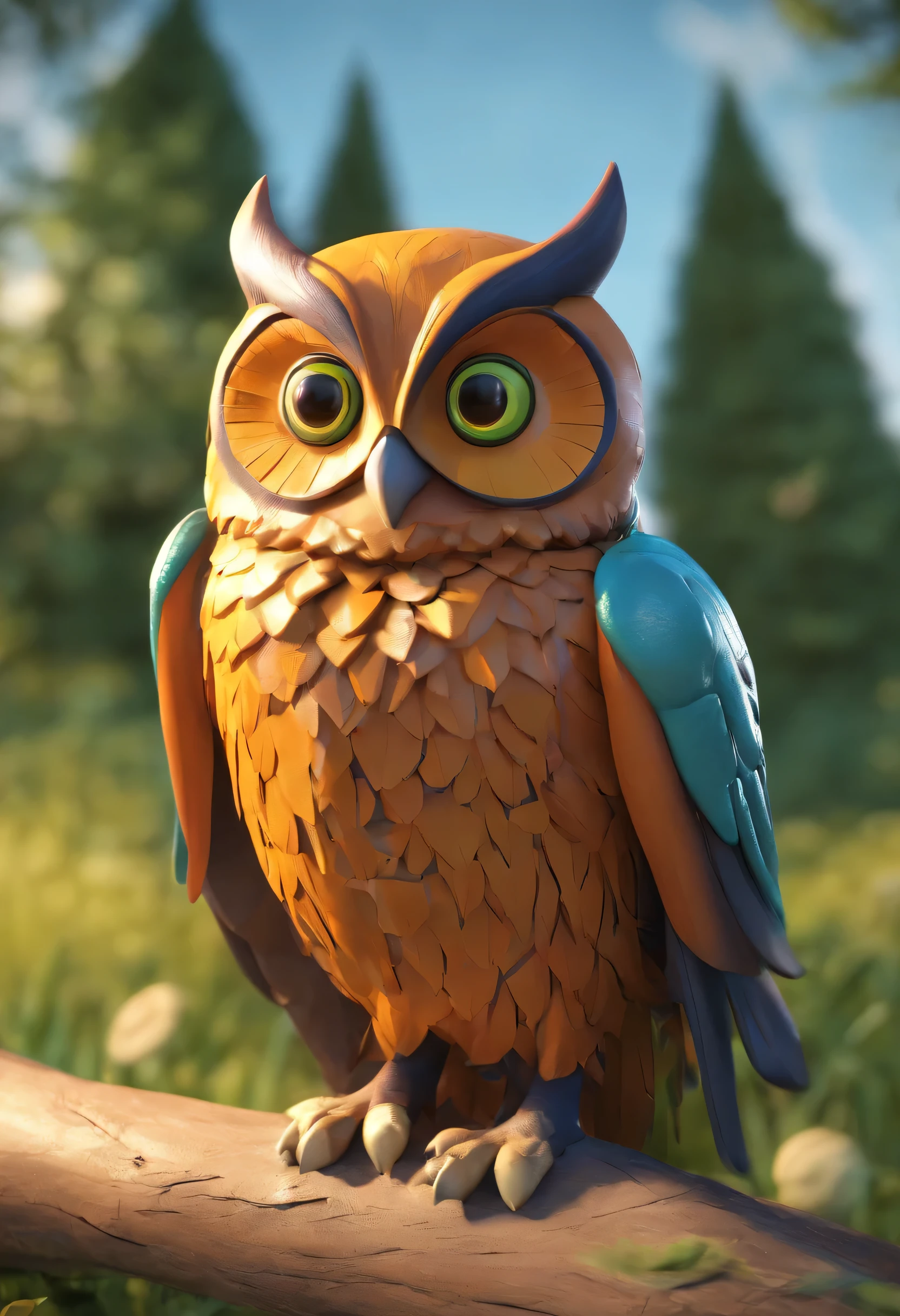 Imagem de uma coruja estilizada, inspired by the 3D animation style characteristic of studios like Disney Pixar. The owl must have a friendly and charismatic expression. Ela deve ter grandes olhos expressivos, penas suaves e  da cor marrom. O fundo deve ser uma paisagem vibrante e alegre, maybe a green field with trees and a clear blue sky. A coruja deve estar pousada em um galho, with a setting that conveys energy and enthusiasm.