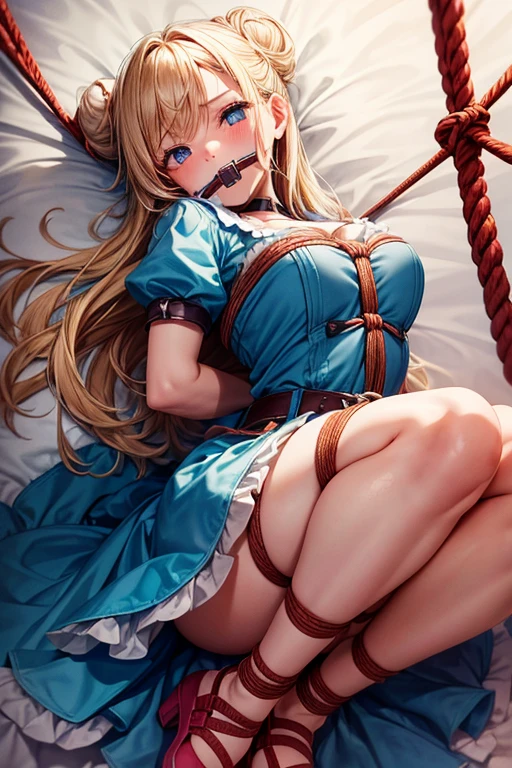 piperBS, 1girl, blonde hair, hair bun, blue dress, puffy sleeves, short sleeves, pink gloves, fingerless gloves, pink belt, shoes, blue footwear, ((((gagged)))), cute and blushing 18 years old anime girl, look away because she is embarrassed and blushes, bright blue eyes, detailed face, detailed members, detailed arms, detailed hands, Girl lying, tied by ropes, shackled, can no longer move, tied tightly, very hard tied up with lots of ropes, hampered by so many ropes that she can no longer move, bound hands and feet, ropes tie his whole body, tied extremely tightly and forcefully to her bed by a lot of ropes, its limbs are strongly tied together by ropes, his torso is tied up with thick cords, her chest is so tied up with ropes that it sticks out, her legs are tied tightly with thick ropes, his hands are tied behind his back with ropes, she can no longer move her feet, her hands which are tied by thick ropes, she desperately tries to free herself, likes to be tied tight with big ropes, likes to be immobilized by big ropes, lying down, his hands and feet are strongly tied to the railing of his bed, his legs are pressed together and tied with ropes, its limbs are held vigorously by imposing ropes, her hands are tied securely behind her back by ropes, her chest is compressed by strong ropes, she is pressed against her bed and restrained by large ropes, (shibari, arms behind the back:1.4), (hands on the back), (masterpiece, best quality) 1.5, 1girl, solo, (sexy, beautiful woman, perfect face, perfect eyes, perfect hands), samus aran, (hands on the back), Spread the legs, s&#39; ((lie in bed by big ropes)), ((close up of the girl)), ((((lie in bed)))), ((((arms tied behind the back, Legs Tied,La fille est allongée sur le ventre, La fille est allongée sur le sol:1.5)))), ((((girl seen from behind:1.4)))), ((((girl lying down on her stomach:1.4)))), ((((Outstretched arms:1.5)))), ((((Detailed hands:1.5)))), ((((bedroom decor:1.4)))), ((((realistic decor:1.4))))