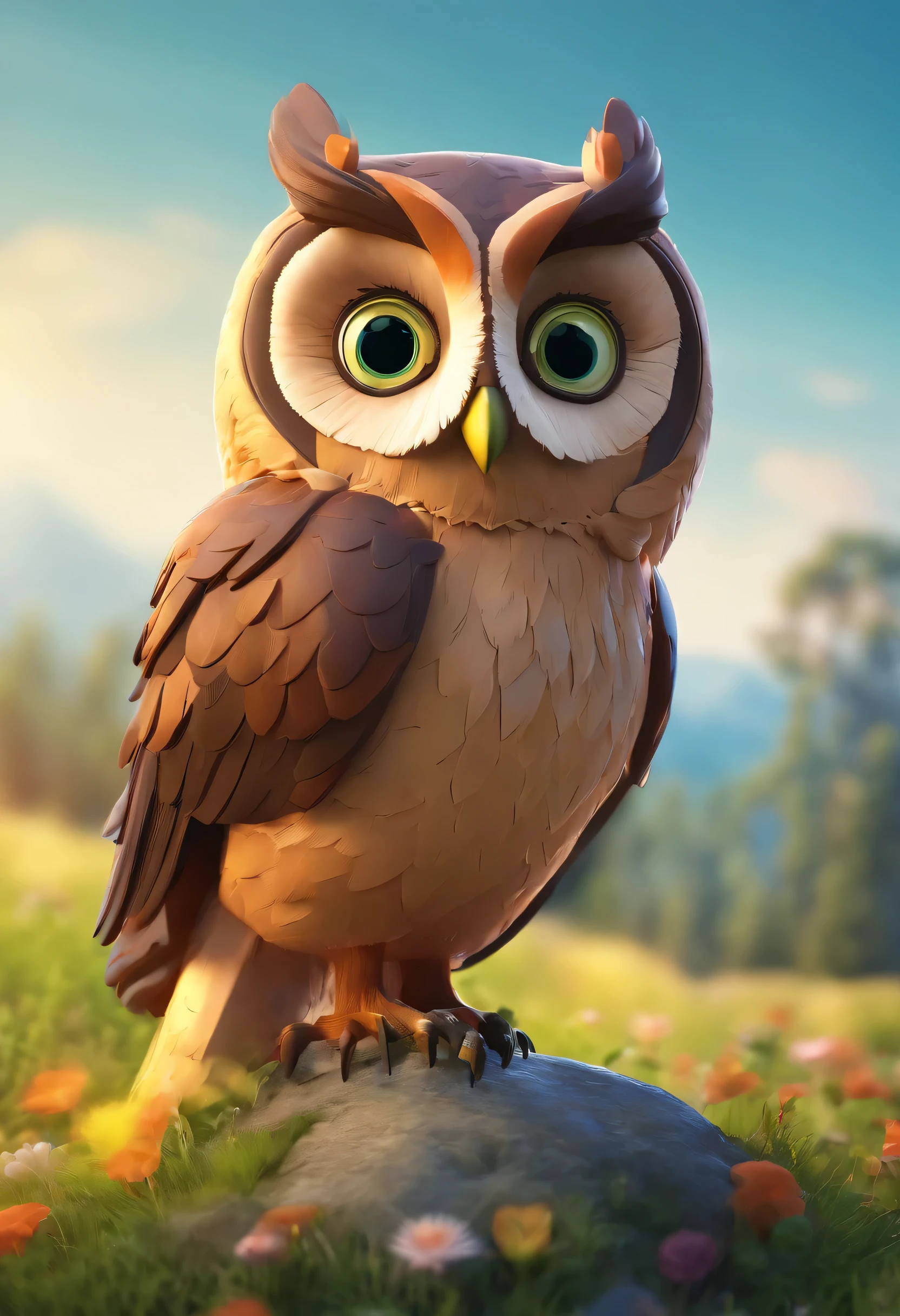 Imagem de uma coruja estilizada, inspired by the 3D animation style characteristic of studios like Disney Pixar. The owl must have a friendly and charismatic expression. Ela deve ter grandes olhos expressivos, penas suaves e da cor marrom. O fundo deve ser uma paisagem vibrante e alegre, maybe a green field with trees and a clear blue sky. A coruja deve estar pousada em um galho, with a setting that conveys energy and enthusiasm.