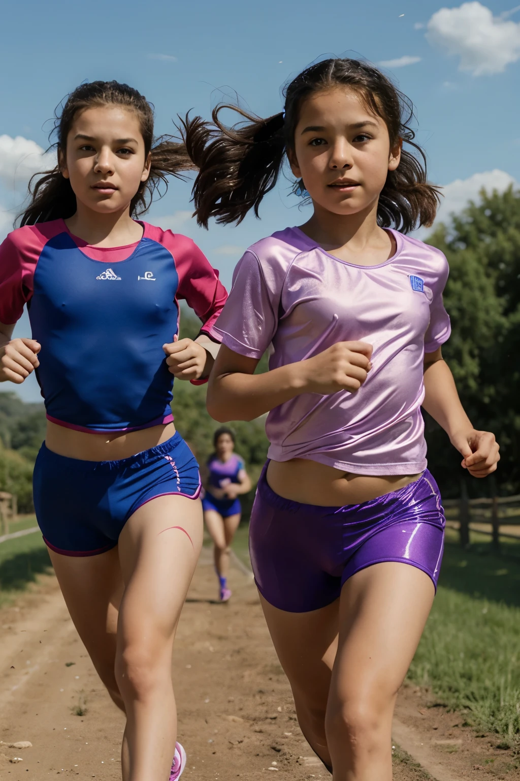 s in super tight super short sports clothes running through the countryside