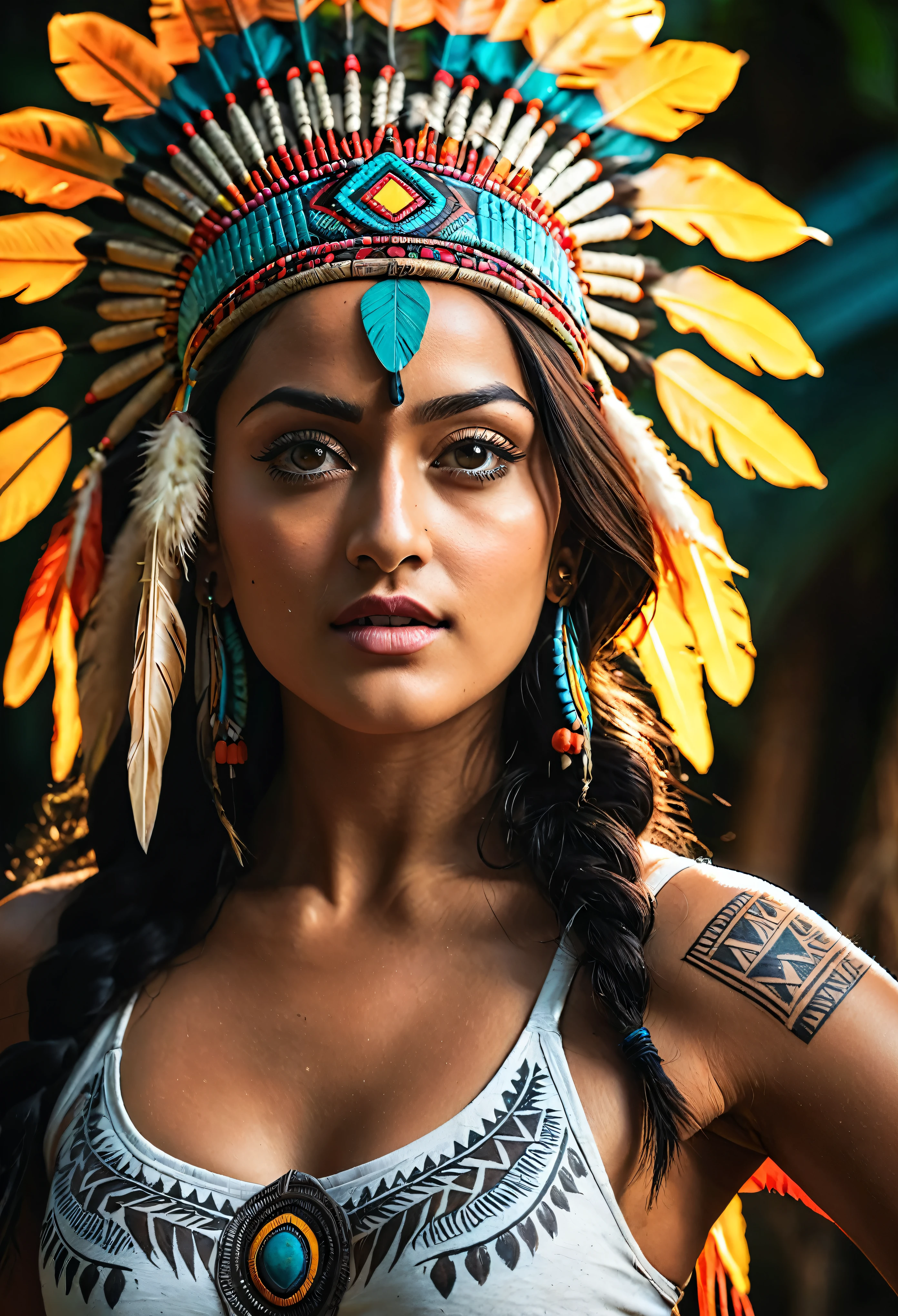 Foto RAW, looks like Nayanthara, excessive sweating, thick figure, curvy, milf, 50 years old Woman, tattoo in the middle of her breast, with realistic Indian headdress , tribal girl, stunning looks, tribal headdress, tattoos, colourful tribal tattoos, tribal white girl, Polynesian tribe, best quality , best cinematic colour grading, detailed lighting,  high resolution  , (pele altamente detalhada: 1.2), 8k UHD, DSLR, soft-lighting, alta qualidade, grain of film, Fujifilm XT3, highly detailed armpits, armpits hair,  fully naked, nipples covered by hai, skin pores, skin texture, high quality skin, 