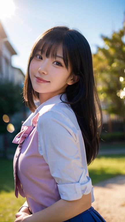 (highest quality,masterpiece:1.3,Ultra-high resolution),(Very detailed,Caustics,8k),(Realistic:1.4,RAW shooting),(She is holding a wrapped pink bouquet in front of her chest:1.1),(Look forward),18-year-old,cute,Japanese,Long black hair,(Hair blowing in the wind),(school uniform),(smile),(Looking into the camera),blue sky,sun,Natural light,School Playground,(Front shot),(Bust up shot),(Backlight),Lens flare,Low position,Low Angle