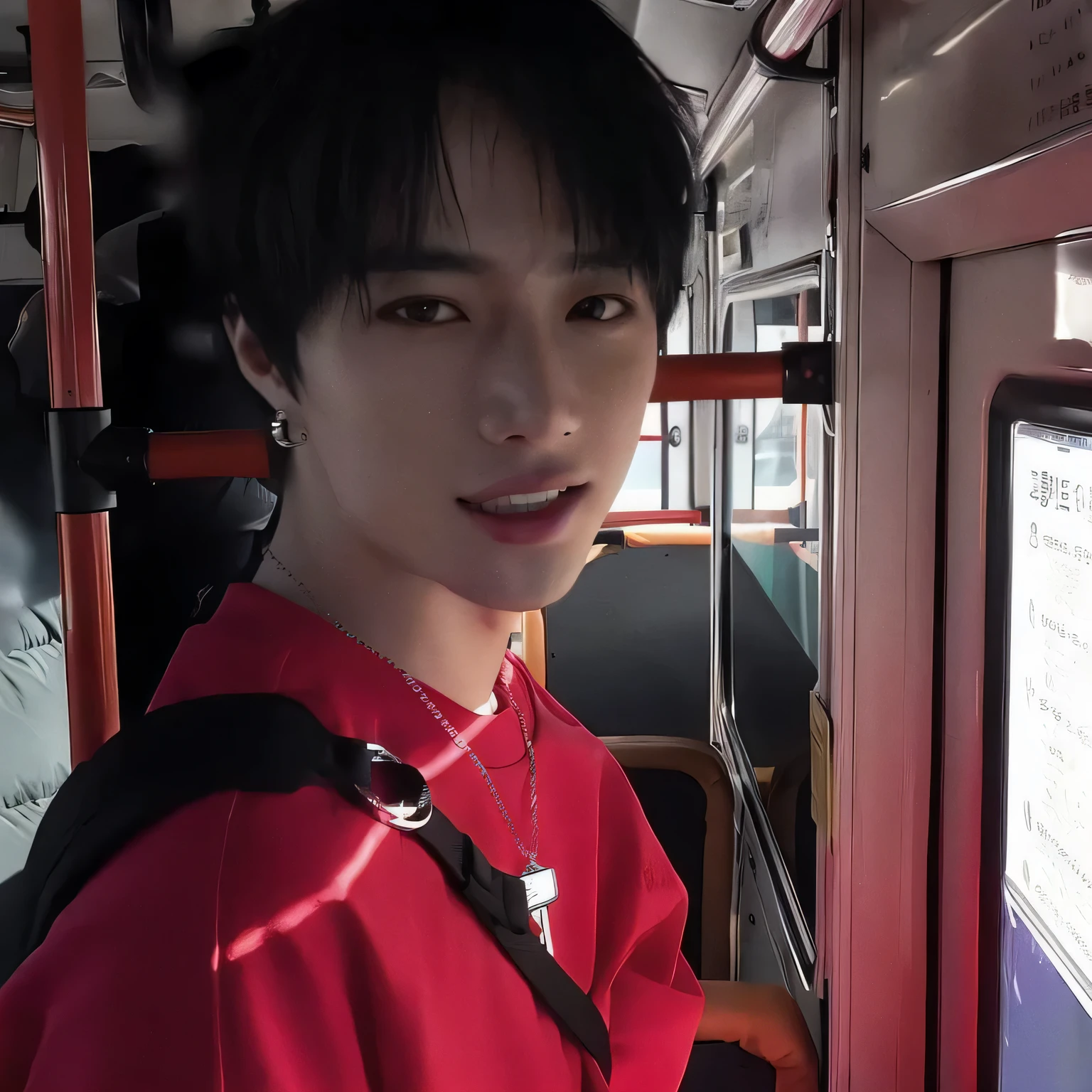 arafed asian man in red shirt on a bus with a backpack, kim doyoung, cai xukun, Jung Jaehyun, jinyoung shin, kim taejin, hyung tae, pintar ulzzang, cuchilla del grupo de drenaje, sakimichan, yanjun chengt, Hong June Hyung, inspirado en Bian Shoumin, jungkook, foto de perfil en la cabeza