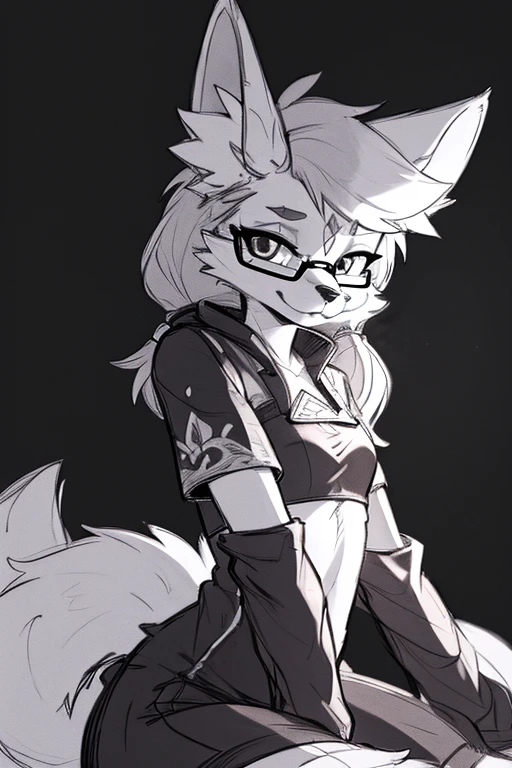 black background,ultra detailed(sketch:1.2),graphite,(monocolour:1.3), solo, furry fox girl,animal ear, looking at viewer, wearing glasses
