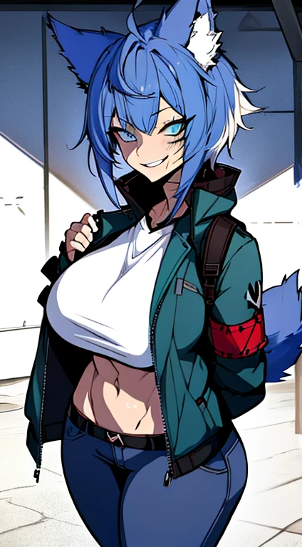 1girl, short_rebellious_hairblue_hair, blue_eyes, scary_eyes, short_hair, hair just blue, Big_smile, looking_at_vi ewer, holding, shirt, pant, animal_ears, blue_ ears, wolf_woman, blue_tail, body_perfect, Milf_body, female_body_muscular, scar_on_thighs, scar_on_the abdomen, hunter_outfit_black