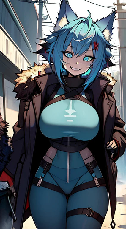 1girl, short_rebellious_hairblue_hair, blue_eyes, scary_eyes, short_hair, hair just blue, Big_smile, looking_at_vi ewer, holding, shirt, pant, animal_ears, blue_ ears, wolf_woman, blue_tail, body_perfect, Milf_body, female_body_muscular, scar_on_thighs, scar_on_the abdomen, hunter_outfit_black