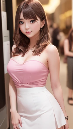(masterpiece:1.2, highest quality), (Realistic, photoRealistic:1.4), Beautiful illustrations, (Natural Side Lighting, Cinema Lighting), Browsing Caution,
View Viewer, 1 girl, Japanese, high school girl, Perfect Face, Cute and symmetrical face, Shiny skin,
(Long Hair:1.5, Straight hair:1.4, Wine brown hair), Swept-apart bangs, Emerald Green Eyes, Long Eyelashes, (Medium chest), thin,
Beautiful Hair, Beautiful Face, Beautiful fine details, Beautiful clavicle, Beautiful body, Beautiful breasts, Beautiful thighs, Beautiful feet, Beautiful fingers,
((Pink strapless tube top shirt, White Skirt)),
(Beautiful views), evening, (Shopping mall), walk, (Cute smile, Upward glance),