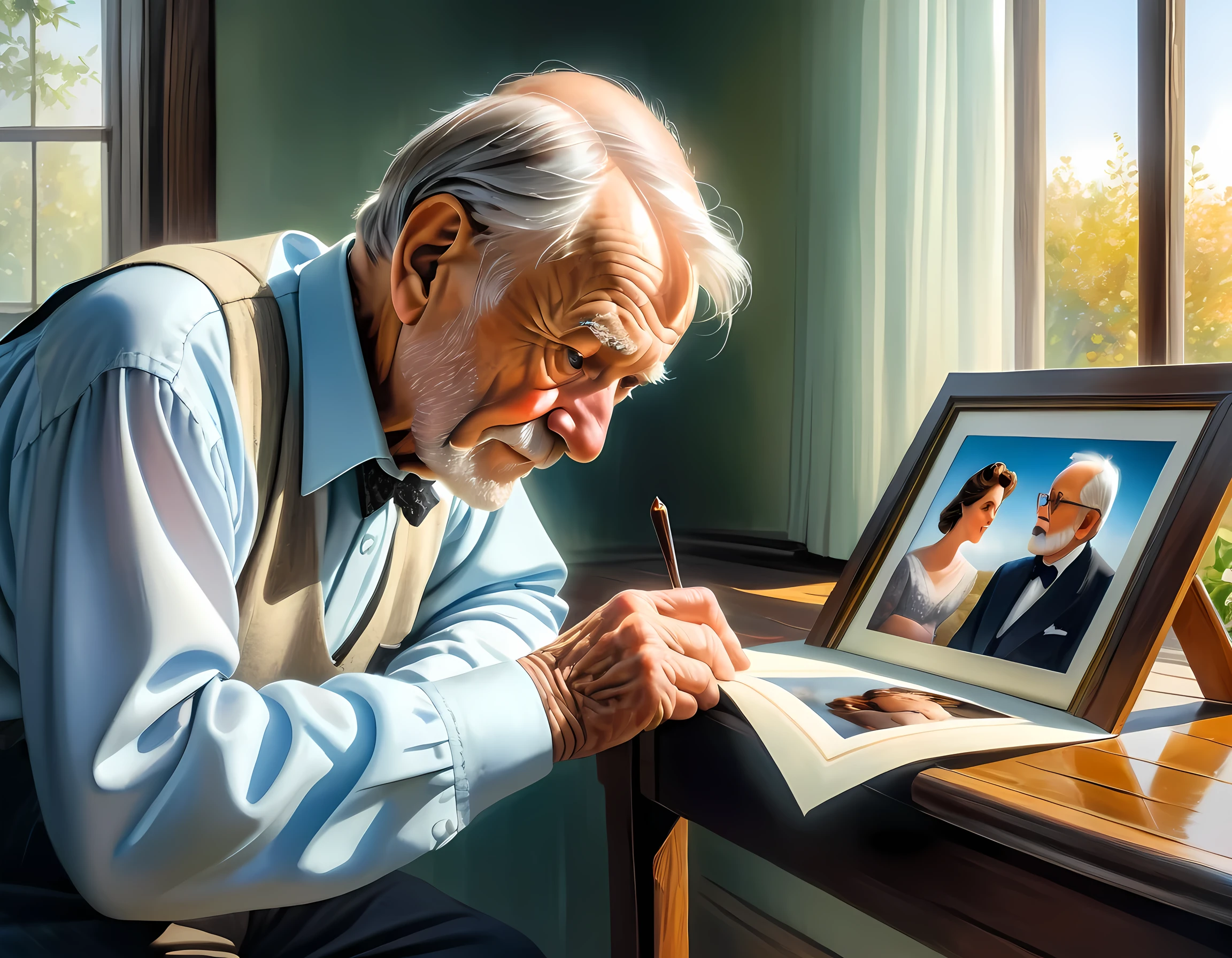 one old man looking at a picture of his old wife, dynamic range, ultra wide shot, photorealism, depth of field, hyper realistic, there is a sense of longing, love, and touch of romance,