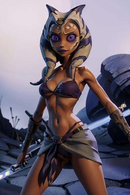 TimBurton 1girl animation, olhos azuis, casca de laranja, tentacle hair with a white lightsaber in battle pose, purple sexy bikini