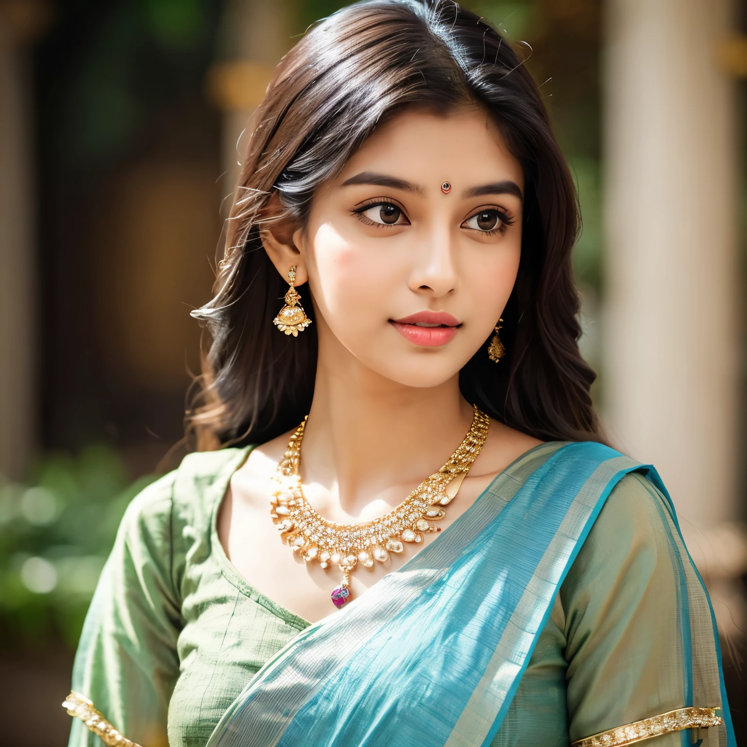 Create a 24-year-old Indian girl with kind beautiful eyes, wearing casual Indian clothes, with slightly wavy hair, beautiful lips, an attractive necklace, beautiful slim ears, and wearing a light chain around her neck."
}