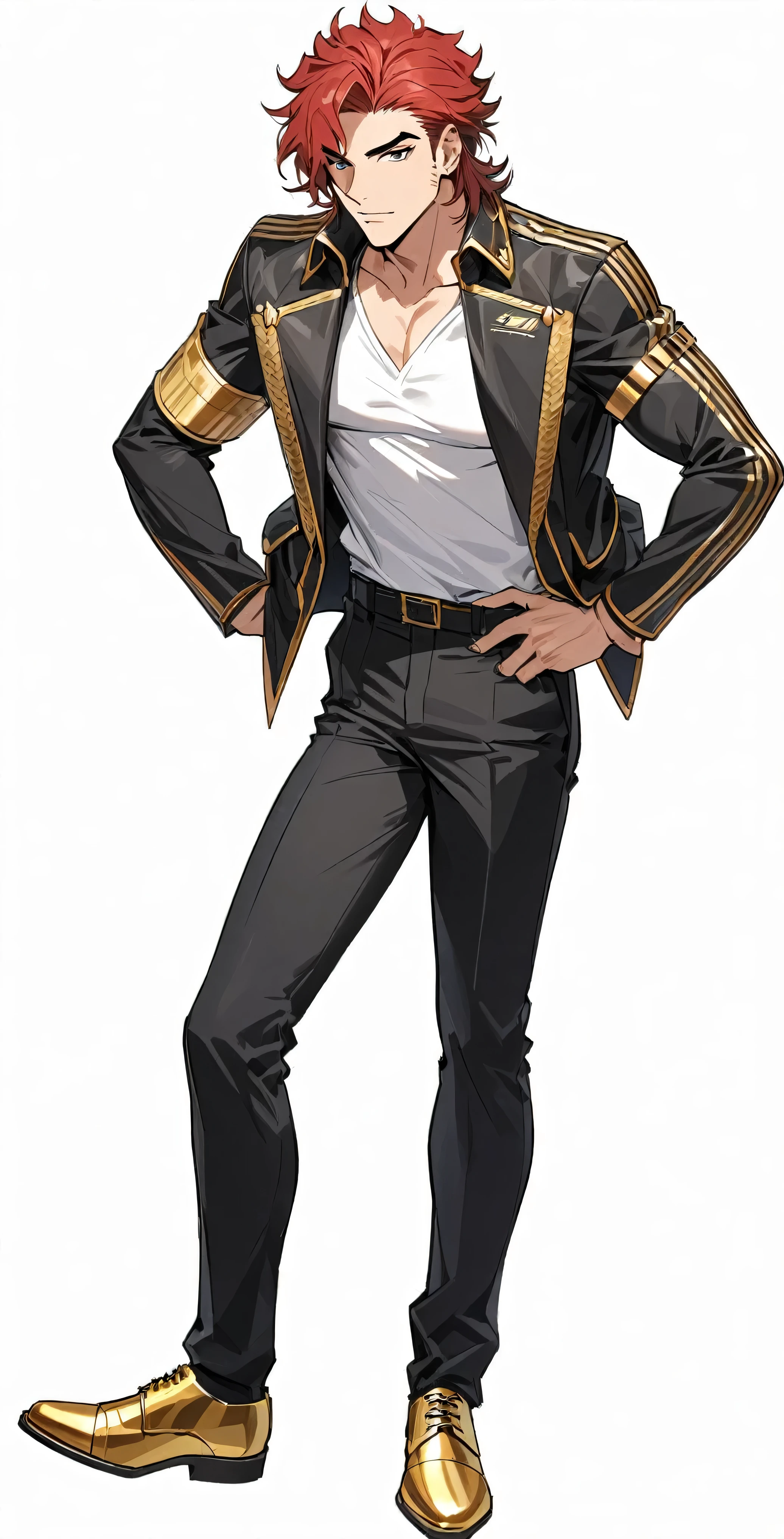 rosto masculino, 1 homem, rosto dos homens, homem adulto, Bonito, a man with red hair in a black suit with a gold band on his right arm, white shirt with black horizontal stripes, black pants, gold moccasin shoes jaqueta, mais detalhes, Antecedentes ciberpunk, Os 70 mm, hyper-detailed, perfectly designed