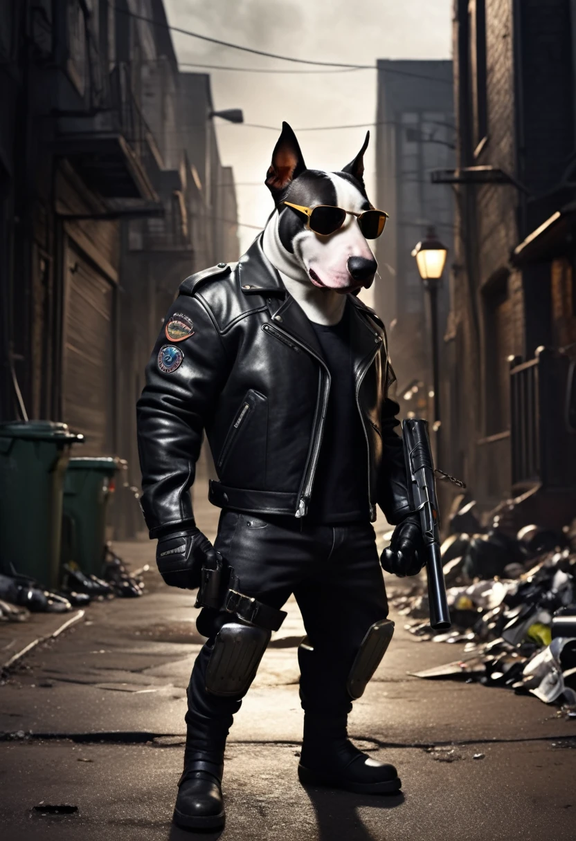 A muscular cartoon bull terrier with a bent nose stands confidently in a dark, dangerous city. He wears a black leather jacket and sunglasses. In his hand he holds a shotgun. The background shows a gloomy urban environment with shady alleys, flickering street lamps and burning garbage cans.