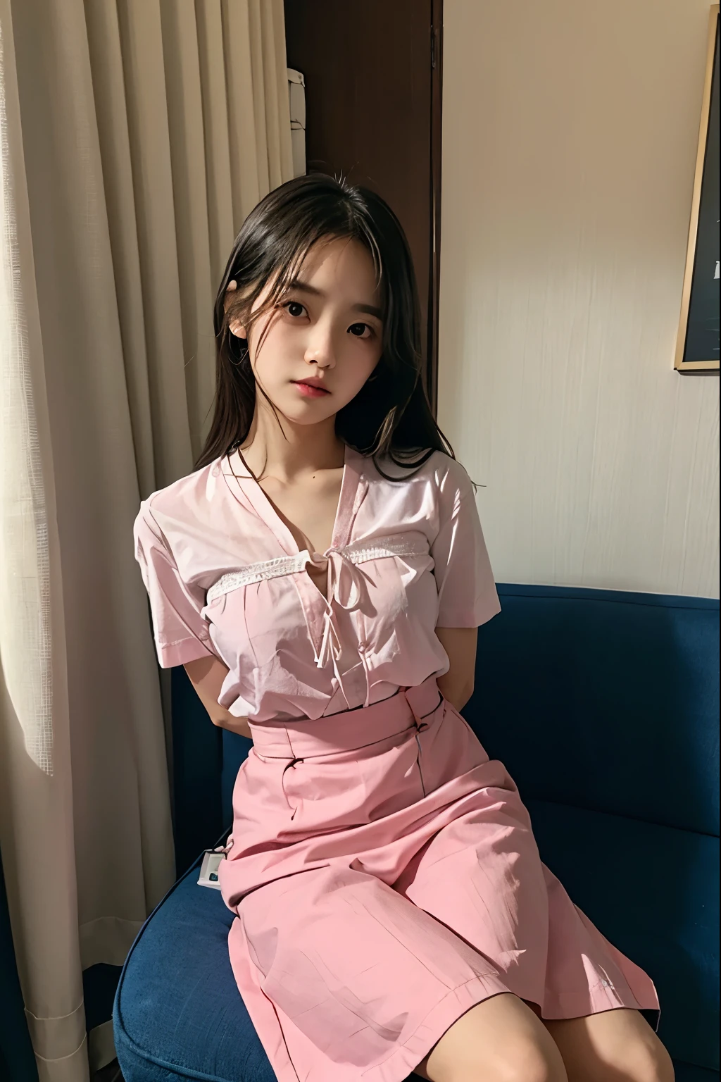 A cute girl who has been and tied up、Beauty、Make your eyes even、My hands are tied with ropes、Inside the hotel room、Short sleeve shirt、it on a chair、Age 25、Medium build、Like real life、highest quality、