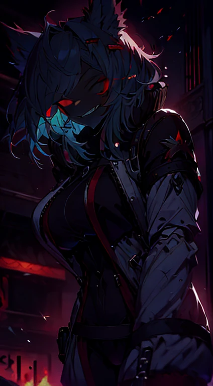 1girl, short_rebellious_hairblue_hair, hair tips to the side, scary_eyes, short_hair, scary_smile, Evil smile_sharp_wild teeth, black_iris, scarlet_red_pupil, black, sclera, soulless_black_eyes, looking_at_vi ewer, holding, shirt, pant, animal_ears, blue_ ears, wolf_woman, blue_tail, body_perfect, Milf_body, female_body_muscular, big_breasts, scar_on_thighs, scar_on_the abdomen,assassin's creed:hunter_outfit_black,Dark_black_skin