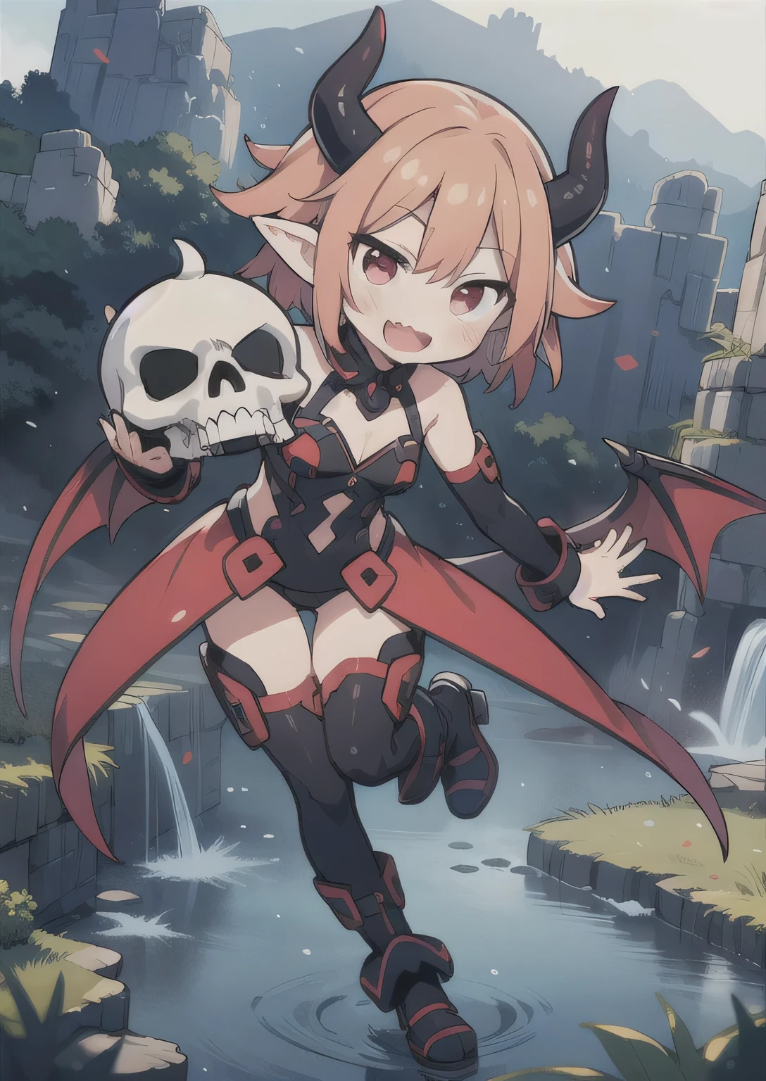8K, 1girl, petit, adult. kawaii slimegirl, crimson hair, short hair, red eyes, fang, bat wings, smile, (blush), (shy), pointed ears, looking at viewer, dynamic angle, wind, game cg, fantastic scenery, devil tail, demon tail, thin tail, black horns, medium breast, show full body, disgaea, nippon ichi, nis america, etna, laharl, flonn, anime, video game, asagi, Takehito Harada, sexy, skulls, demon skulls, fangs, plug suit, ta