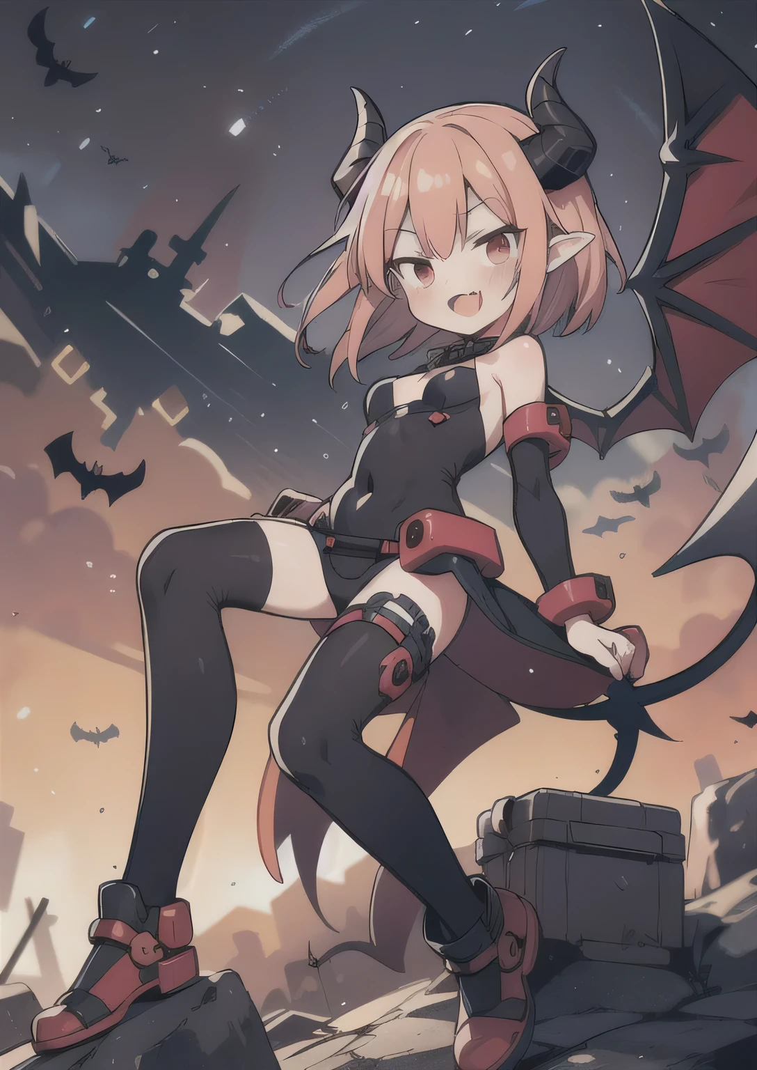 8K, femboy, petit, adult. kawaii vampire, crimson hair, short hair, red eyes, fang, bat wings, smile, (blush), (shy), pointed ears, looking at viewer, dynamic angle, wind, game cg, fantastic scenery, devil tail, demon tail, thin tail, black horns, medium breast, show full body, class uniform, bulge, show ass, tentacles, bulge in panties, ass, futanari