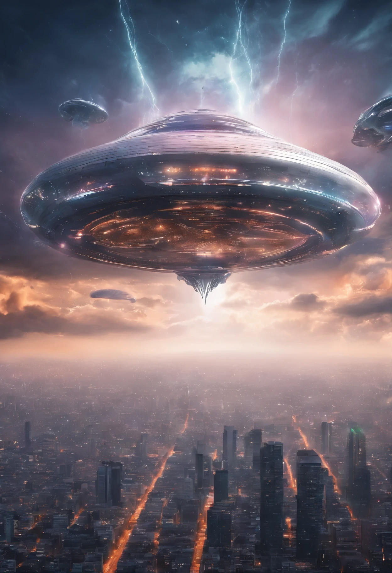 Futuristic alien spaceships flying above the clouds of Mexico City, cielo oscuro, lluvia,lightning, hiperrealista, raining, detallado,8k