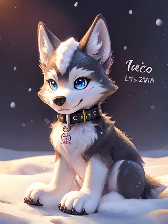 snow wolf, a collar with "WEE" written on it, name" Aero" written on background