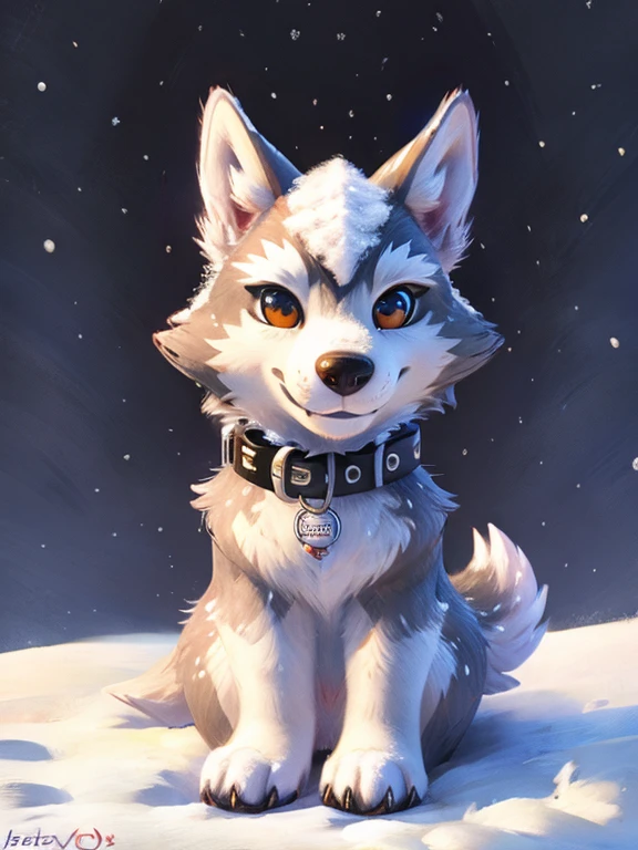 snow wolf, a collar with "WEE" written on it, name" Aero" written on background