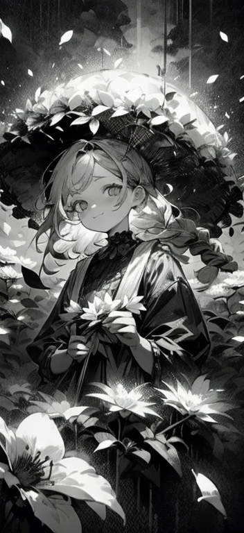 Single,1Female\(Chibi,cute,kawaii,Age 18,Hair color is white,Dreadlocked hair,Untidy hair,Grey eye color,big eyes,White skin,(Monochrome:1.2),Narrow eyes,He smiles very kindly at the viewer,painting\),background\((Many beautiful flowers and petals:1.4)\),Double exposure, break ,Quality\(8K,background لوحدة CG Very detailed, Masterpiece,High accuracy,top-Quality,top-Quality real texture skin,Excessive realism,Increase resolution,Raw images,أفضل Quality,Very detailed,Wall paper\),High contrast,(Grayscale:1.6),Monochrome