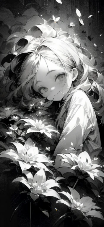 Single,1Female\(Chibi,cute,kawaii,Age 18,Hair color is white,Dreadlocked hair,Untidy hair,Grey eye color,big eyes,White skin,(Monochrome:1.2),Narrow eyes,He smiles very kindly at the viewer,painting\),background\((Many beautiful flowers and petals:1.4)\),Double exposure, break ,Quality\(8K,background لوحدة CG Very detailed, Masterpiece,High accuracy,top-Quality,top-Quality real texture skin,Excessive realism,Increase resolution,Raw images,أفضل Quality,Very detailed,Wall paper\),High contrast,(Grayscale:1.6),Monochrome