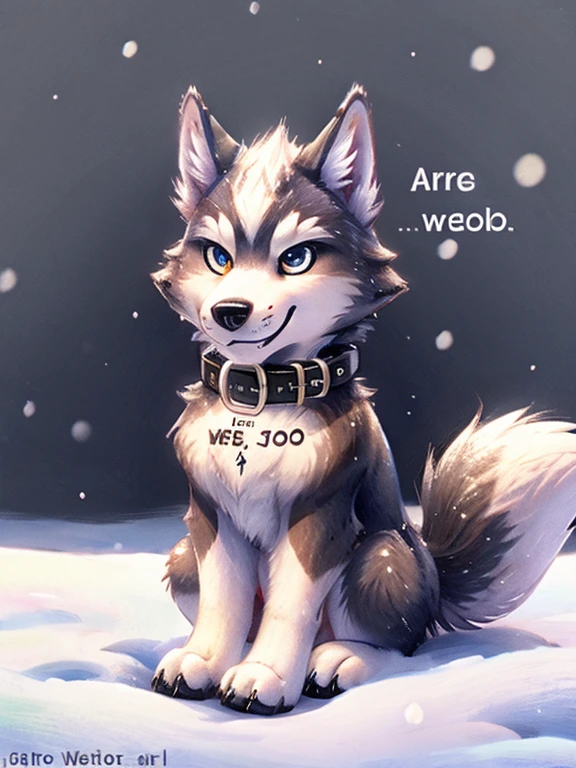 snow wolf, a collar with word "WEE" written on it, word" Aero" written on background