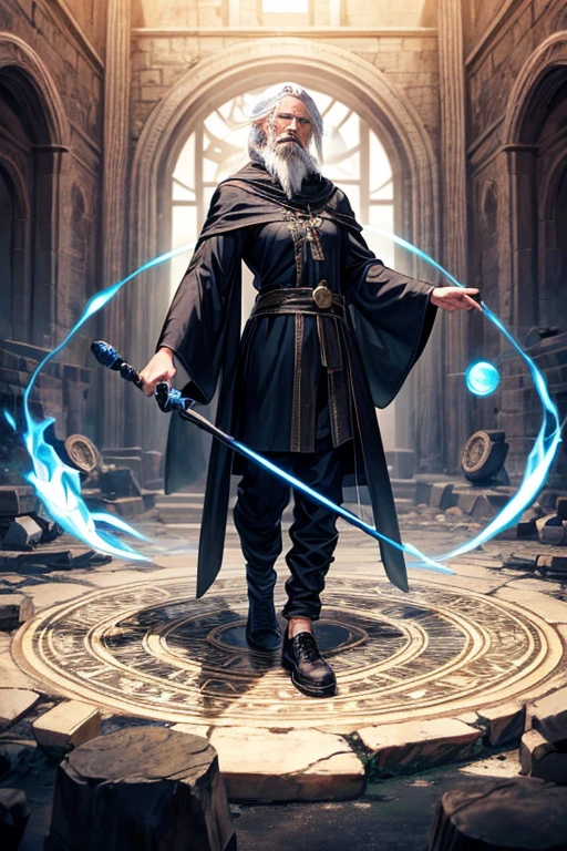 sorcerer old man in black tunic with magic circles around him holding a magic staff sorcerer's clothes white hair white beard dark blue eyes brown sneakers background of a magical ruin