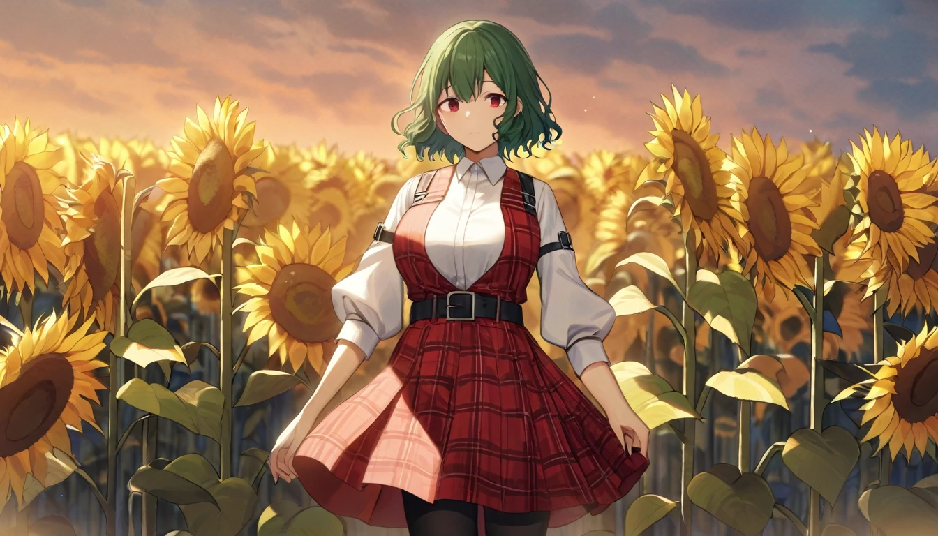 masterpiece, best quality, artist:fukuro_(maruaru00), 1girl, solo, short hair, green hair, wavy hair, red eyes, white shirt, puffy sleeves, red plaid vest, red plaid skirt, large breasts, black pantyhose, (arm belt), standing, sunflower field in background