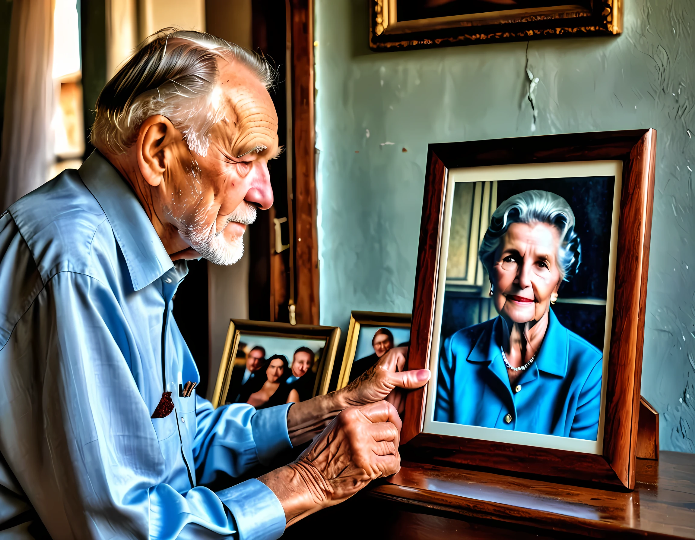 one old man looking at a picture of his old wife, dynamic range, ultra wide shot, photorealism, depth of field, hyper realistic, there is a sense of longing, love, and touch of romance,