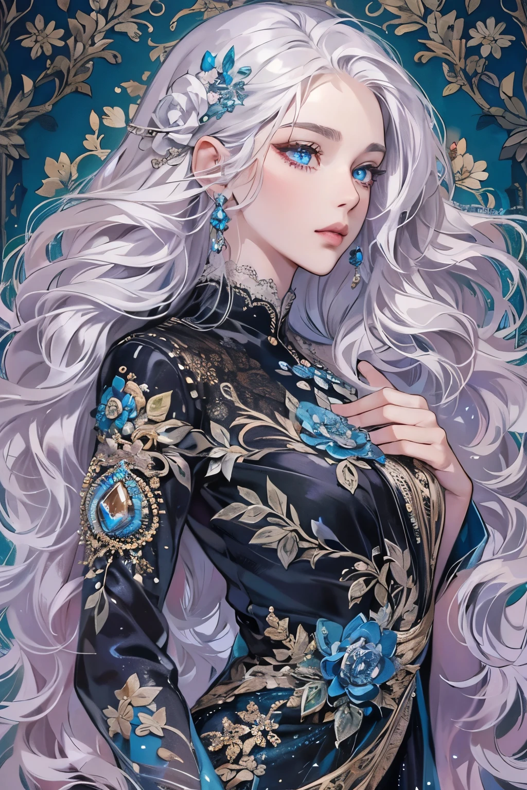 best quality,ultra-detailed,realistic Create an illustration of a very beautiful woman with white hair and blue eyes. She is wearing a sumptuous black gown adorned with delicate lace and intricate embroidery. Her hair is styled in an elegant cascade of curls, held in place by pins encrusted with precious stones. Luxurious jewelry adorns her skin, adding a touch of refinement to her appearance.