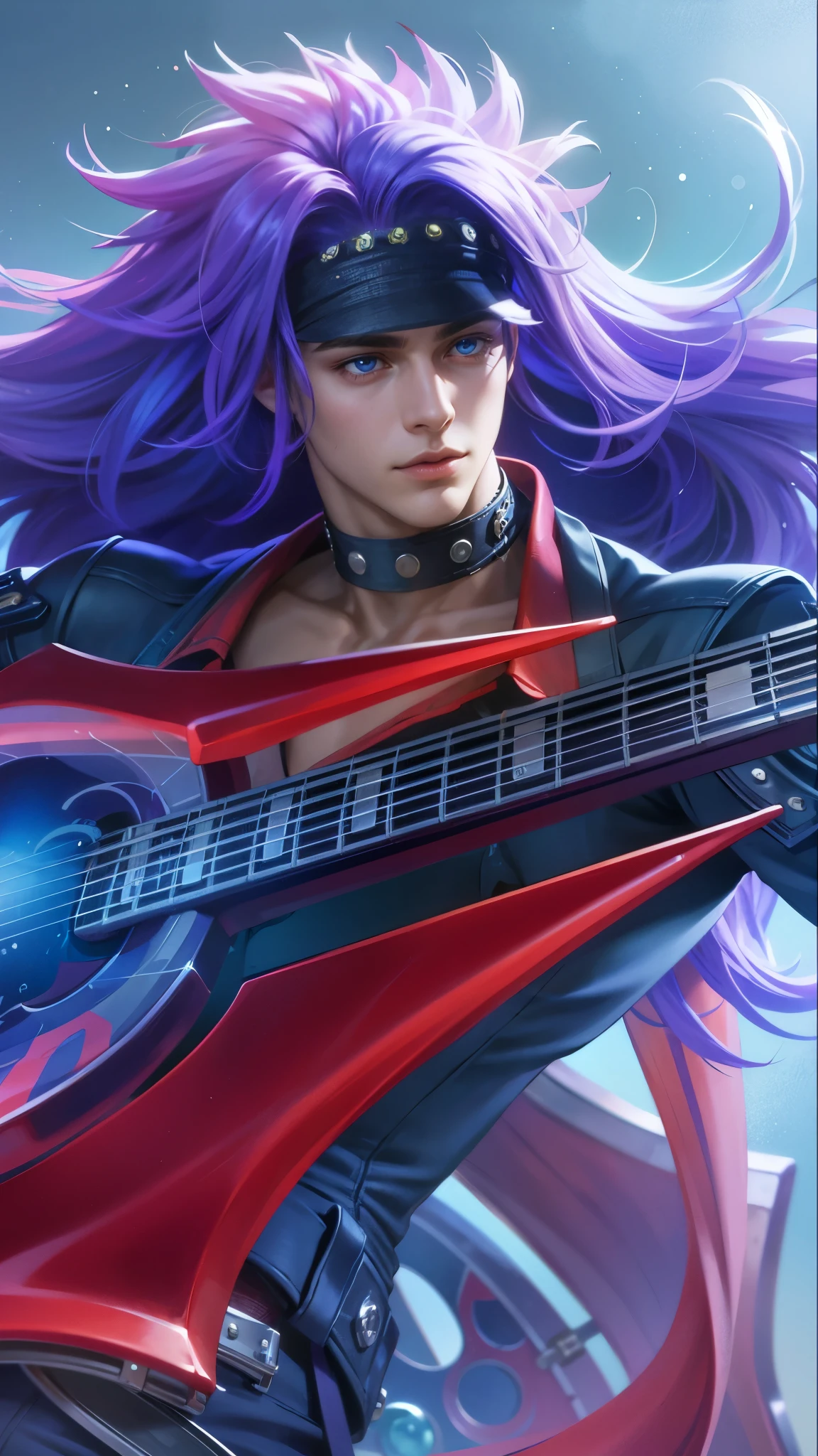a guy with purple hair and a guitar in her hands, Best quality, masterpiece, detailed skin texture, detailed clothes texture, detailed face, super detail, 8k, intricate detail, 1 boy, The color doesn't change, Muscle guy, 1 guy, blue eyes.