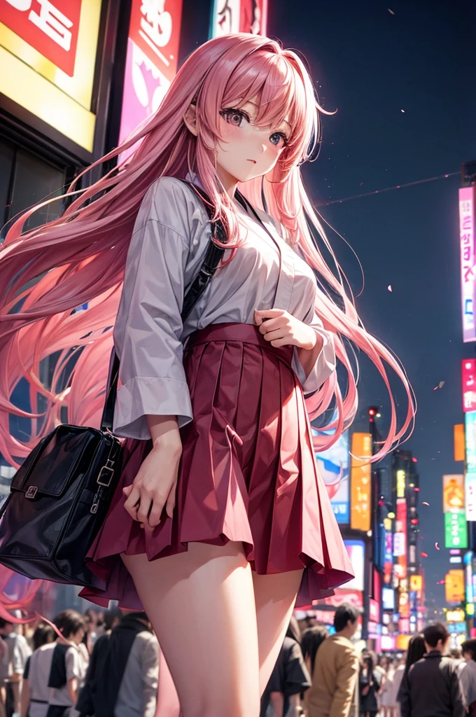 Tokyo, Kabukicho, Long hair fluttering in the wind, Pink Hair, HD, skirt