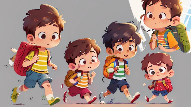 Create a model sheet of a boy around 10 years old.
A ten-year-old boy with tousled brown hair and deep brown eyes is illuminated by the soft glow of a flashlight. He is dressed casually but distinctly in a blue and white striped t-shirt, red sneakers, and a bright yellow backpack slung over his shoulder. The combination of the contrasting colors with the dark background creates a captivating, adventurous image, as if you are ready for an unforgettable nighttime exploration.
- **Face and Hair**: Adorable and lively face, with large brown eyes that convey innocence and curiosity. Brown hair, slightly wavy, falling naturally over the forehead. Pink cheeks that give an air of health and vivacity.
- **Expression**: Friendly and slightly smiling, suggesting confidence and enthusiasm.
- **Clothes**: Blue and red striped t-shirt, casual and vibrant. Blue denim shorts with the hem rolled up.
- **Footwear and Socks**: Bright red sneakers with white laces, white socks.
- **Accessories**: Simple yellow backpack, without specific design.
- **Artistic Style**: A fusion between the style of Studio Ghibli and Pixar, with the softness, detail and enchantment characteristic of these studios.
Include multiple views (front, side, back) and different facial expressions, as well as poses that show the character in action, such as walking, running, and interacting with the backpack. Ensure the art style mixes Studio Ghibli elegance and detail with vivacity.