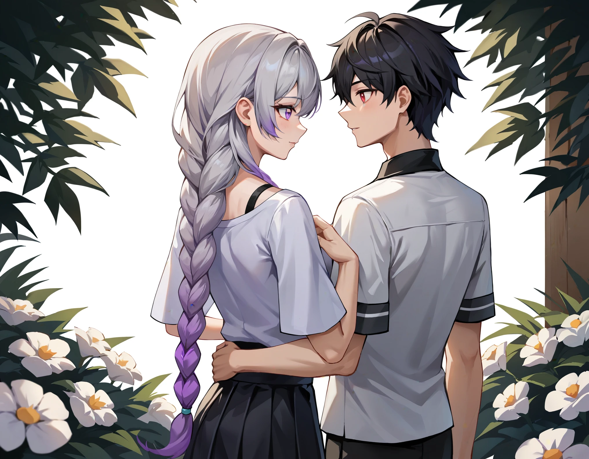 score_9,score_8_up,score_7_up,a picture of a couple,1girl and 1male,back to back, surrounding by Lycoris flowers,
yinji,1girl,purple_hair,purple_eyes,very_long_hair,grey_hair,braided_ponytail,gradient_hair, girl's hair is flowing,
1boy, short black hair, shirt,(Red pupils),cool