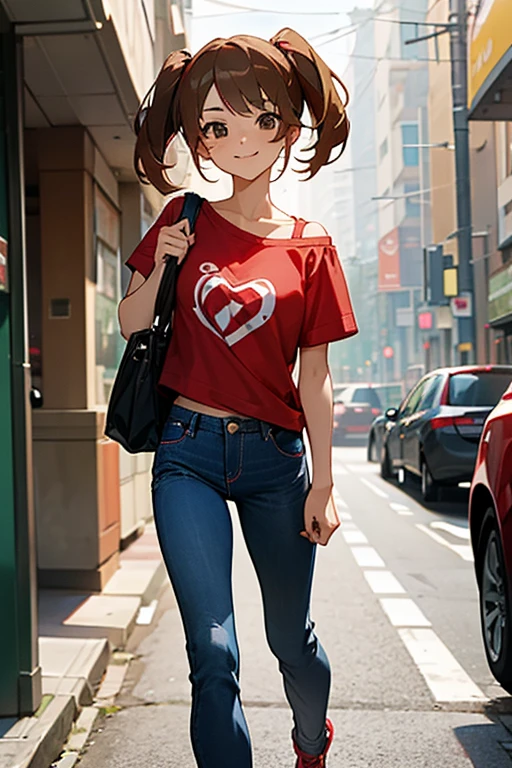 Please create an image of a female ager, in anime style, smiling and cheerful, with fair skin, with short light brown hair, black eyes, wearing a red t-shirt, dark blue jeans, wearing a white shoulder bag, walking down the street.