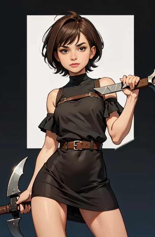 draw up, Lips are soft or colored, Simple black background, minimalism, monotone, bright color palettes,  with aesthetic small breasts, Beautiful round face, Short dress, Shows His Legs, short chainmail dress(absolutely no panties), shaggy brown hair, hair tied, holding a giant ax with both hands, perfect anatomy, dynamic pose, Perfect hands, the wind in the dress