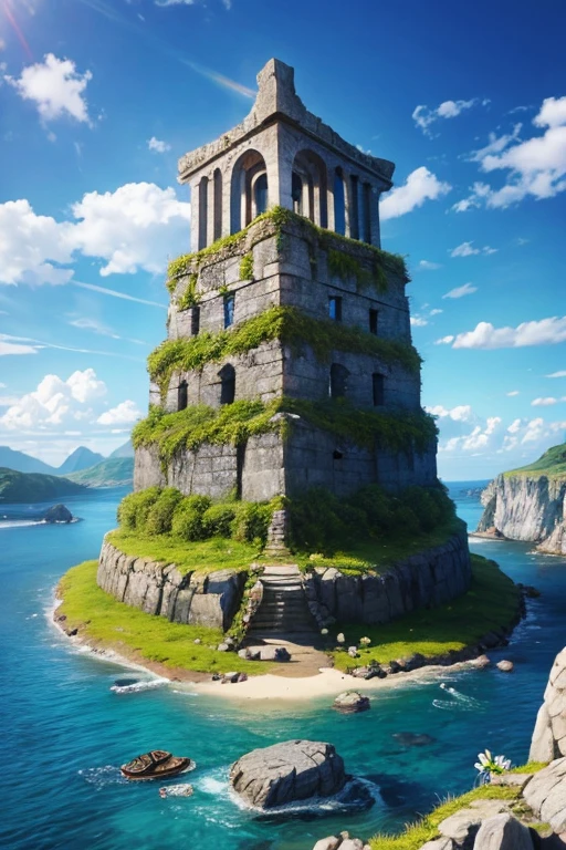viking island with toten and runes with a viking temple